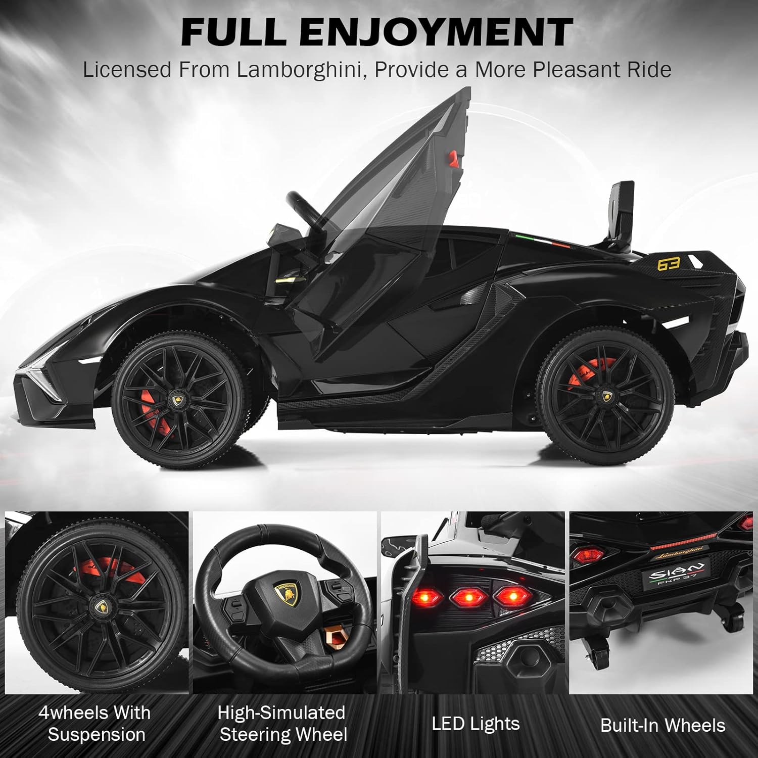 12V Licensed Lamborghini Sian Kids Electric Ride-On Car with Parent Remote, Spring Suspension & MP3 Player