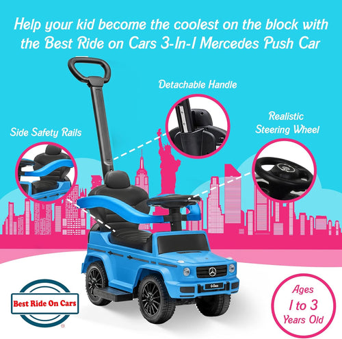 3-in-1 Mercedes G-Wagon Toddler Push Car with Parent Handle, Music & Horn Sounds