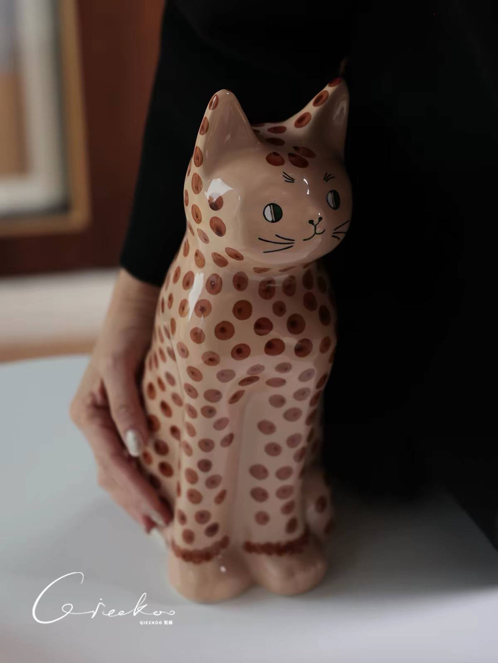 Quirky Spotted Cat Statue Decor